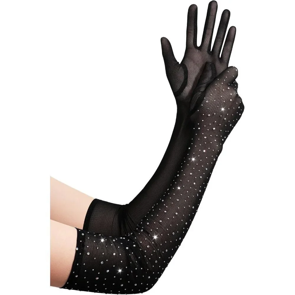 Women's Rhinestone Black Sparkly Elbow Length Mesh Long Gloves Party Accessory